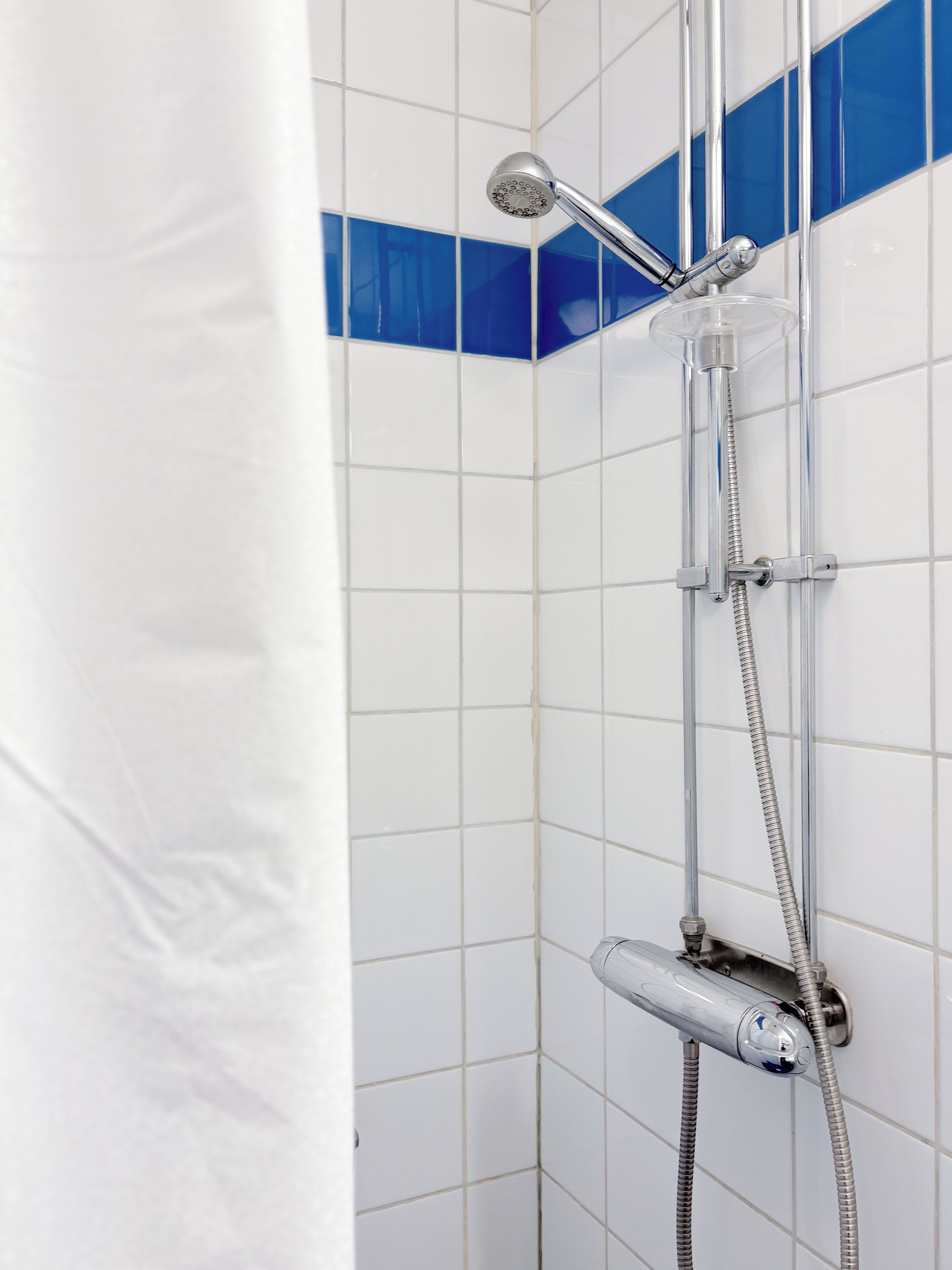 Een douche met een handdouche en een bedieningskraan aan de muur.