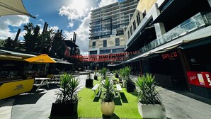 Un patio exterior con césped artificial, plantas en macetas y mobiliario para exteriores.