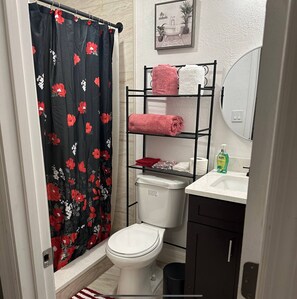 Shower, hair dryer, towels, soap