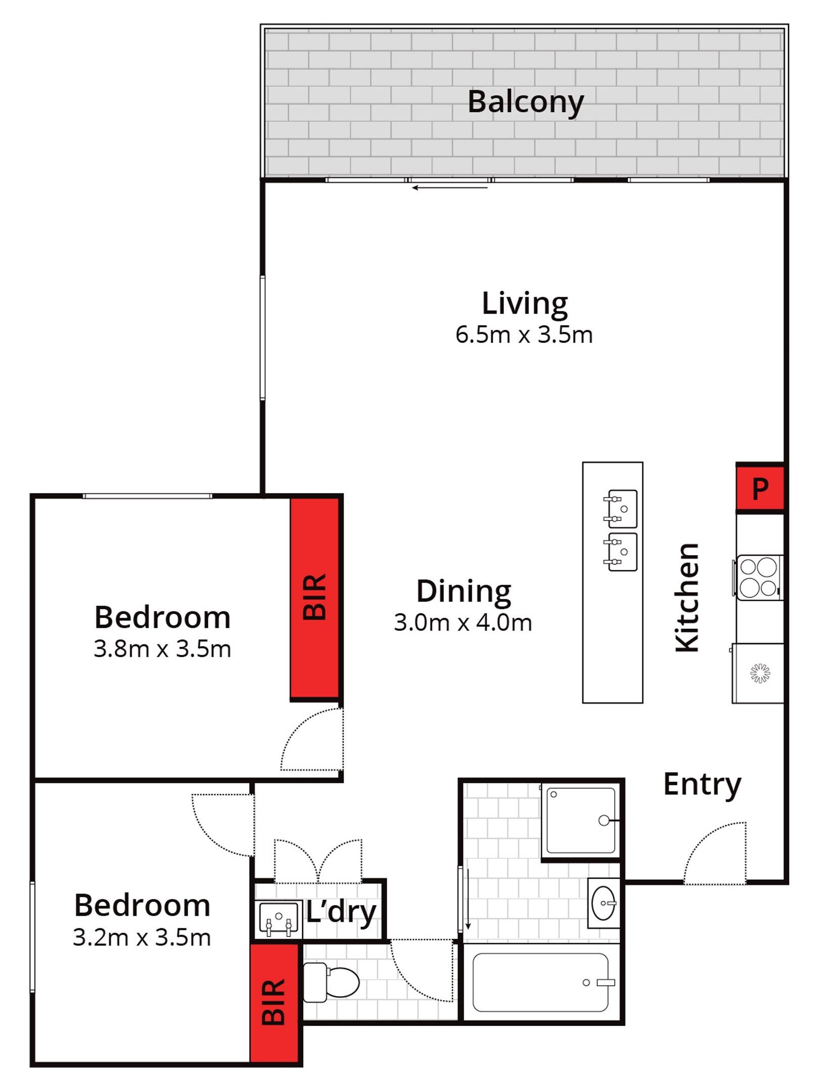 Plano de una casa con balcón, dos dormitorios, comedor, cocina y vestíbulo.