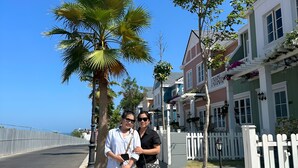 A sidewalk with two people standing, a palm tree, and houses with a white picket fence.