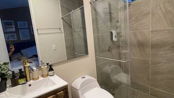 Hair dryer, towels, soap, shampoo