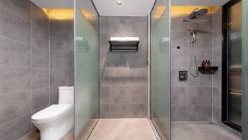 Shower, hair dryer, slippers, towels