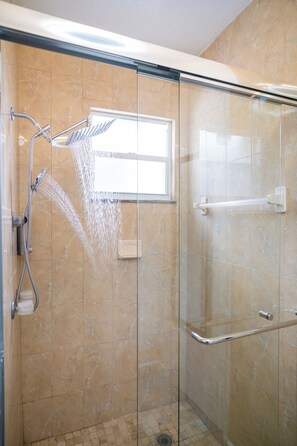 Shower, hair dryer, towels, soap