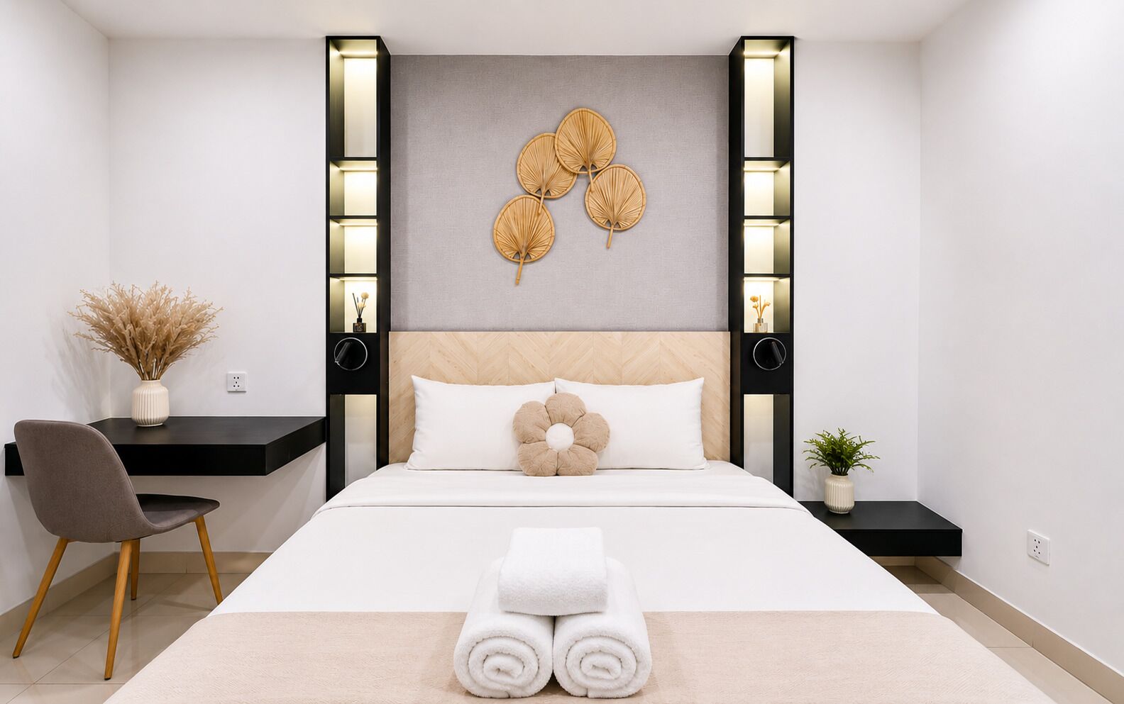 A modern hotel room with a bed, a desk, a chair, and a wall-mounted decorative piece.