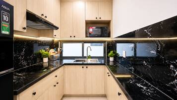 Basic Apartment | Private kitchen | Full-sized fridge, microwave, oven, stovetop