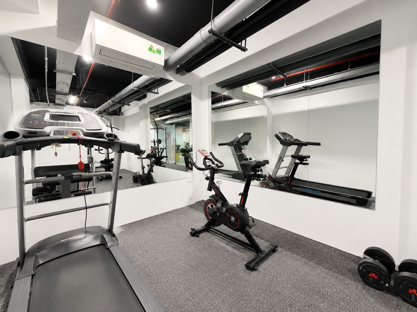 A gym with a treadmill, stationary bikes, and dumbbells.