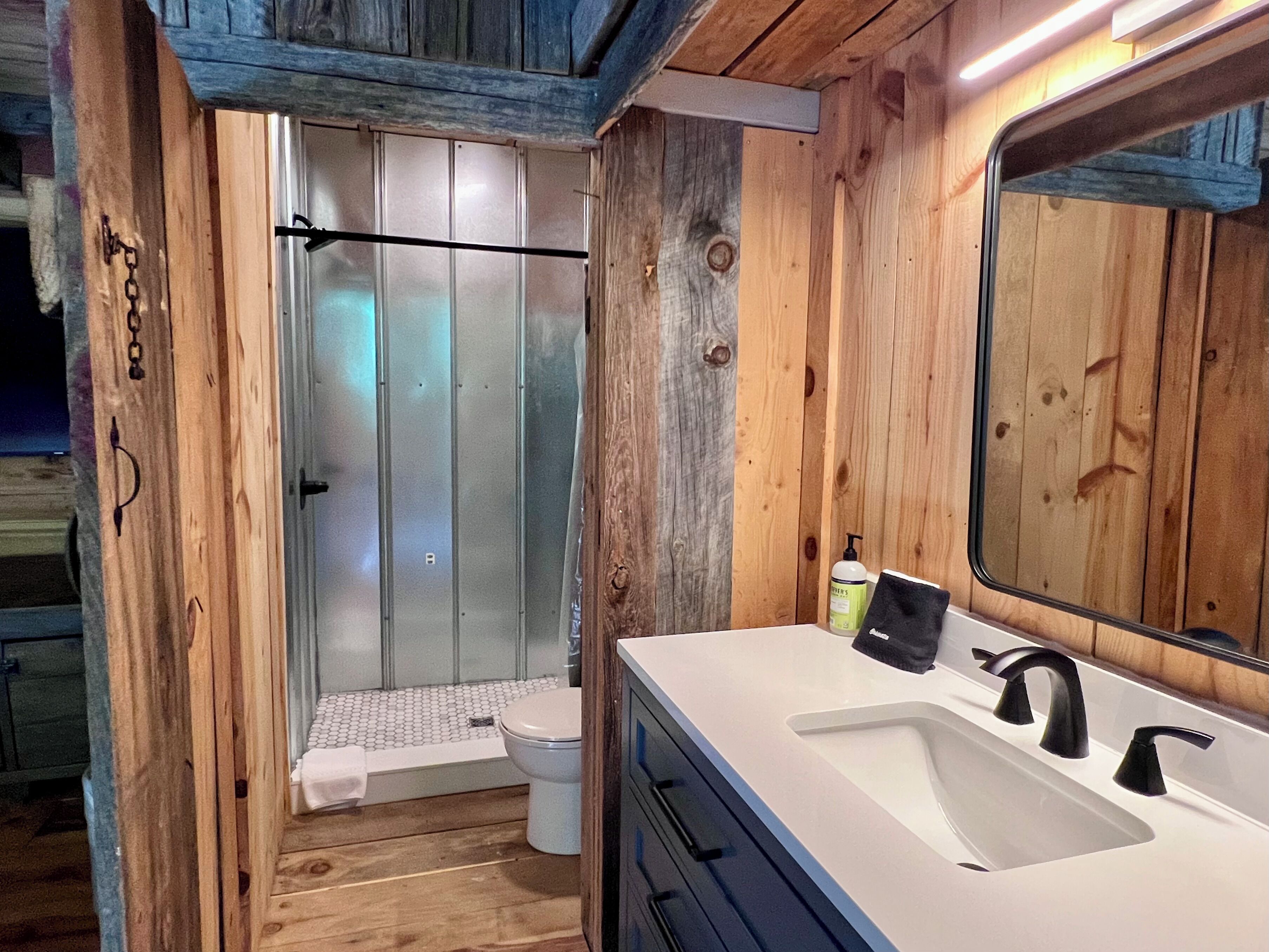Shower, towels, soap, toilet paper