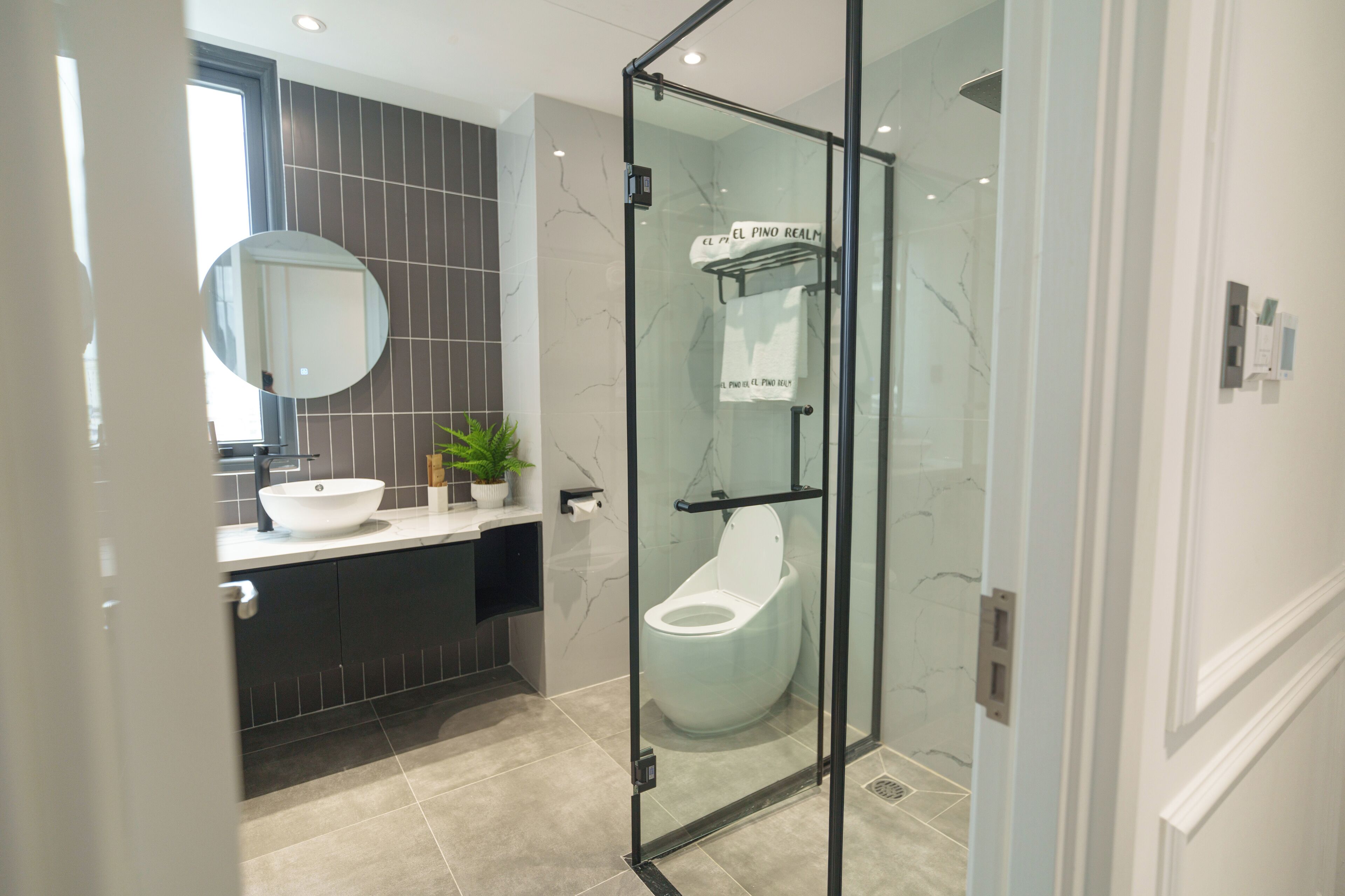 A modern bathroom with a glass-enclosed shower, a white toilet, and a sink with a mirror above it.