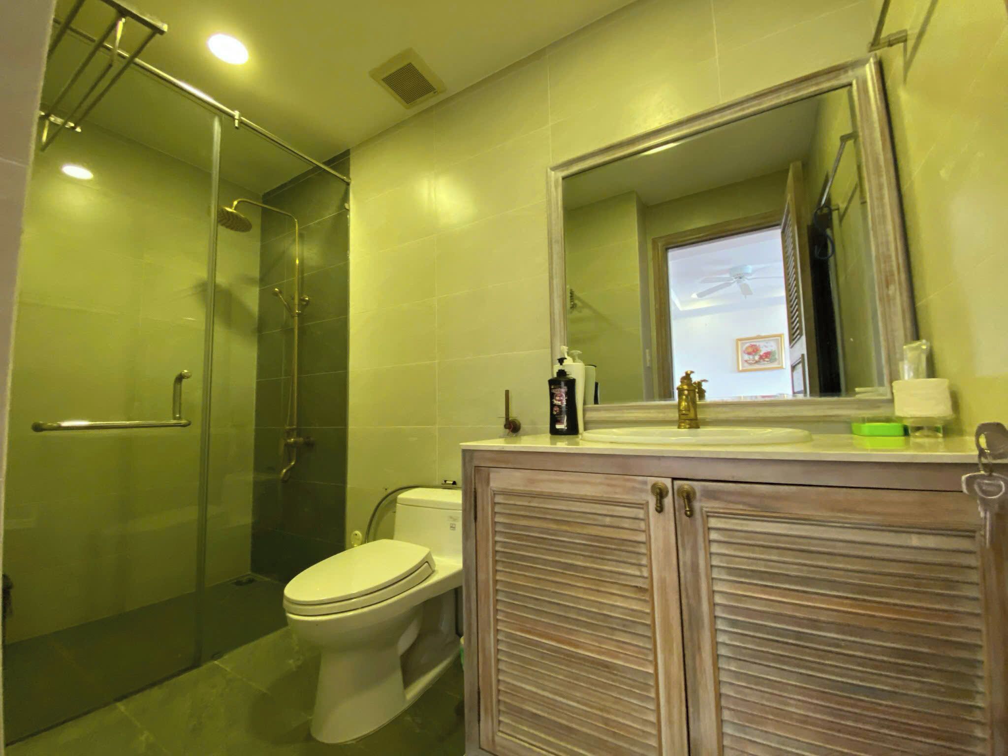 A bathroom with a glass-enclosed shower, a toilet, and a vanity with a mirror.