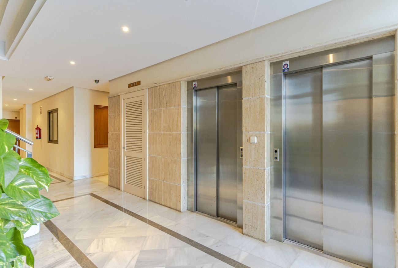 A modern hotel lobby with two elevators, a fire extinguisher, and a potted plant.