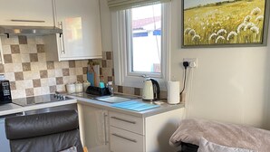 Een ruimtelijk ingerichte leefruimte met kitchenette, een eethoek en een zithoek met een bank en een fauteuil.