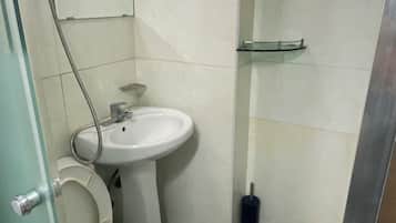 Shower, towels, soap, toilet paper