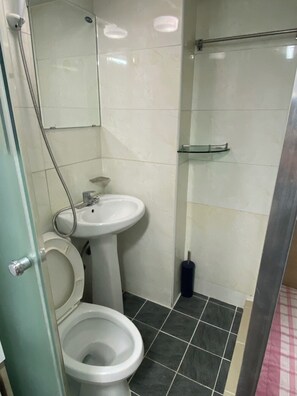 Shower, towels, soap, toilet paper