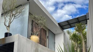A modern building with a concrete exterior, a set of concrete stairs leading to a wooden door, and a potted plant in the foreground. - Villa Wellmina - Stunning Sunsets & Relaxing Poolside Vibes! (La Paz)