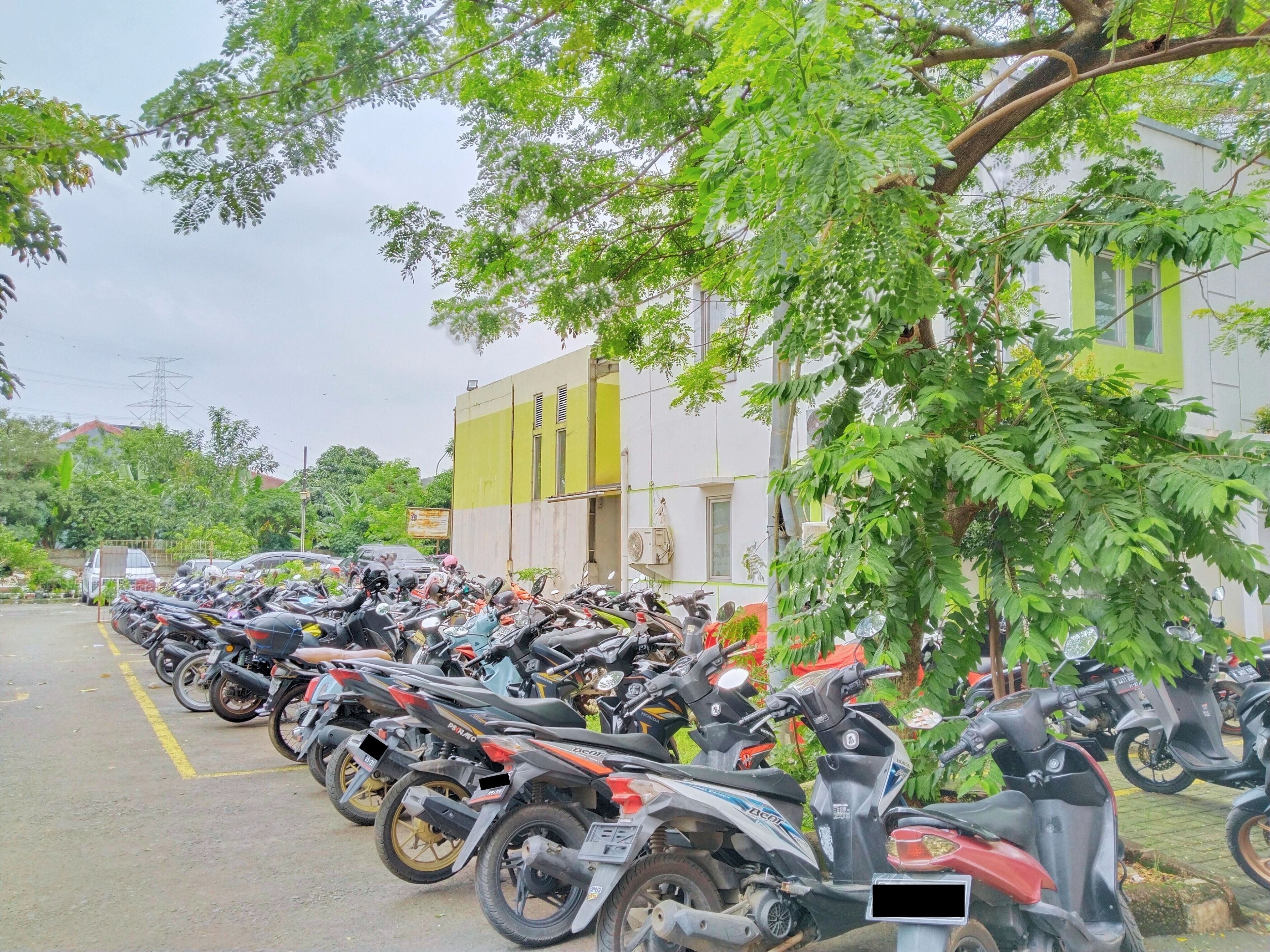 A row of parked motorcycles in a parking lot with a building in the background.
