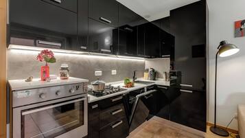 Fridge, oven, stovetop, coffee/tea maker