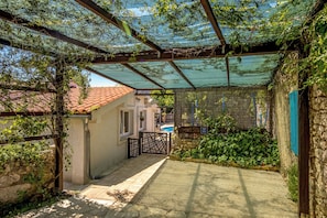 Stroll through a tranquil courtyard with a stone pathway, lush greenery, and a pergola with a translucent roof.