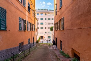 Un estrecho callejón entre edificios con un camino central, barandillas metálicas y una persona de pie cerca de la entrada.