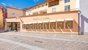 A building with the name 'Gioielleria Gerber' on the facade, featuring a series of display windows with artworks. - O Lac Ascona With Garden (Ascona)
