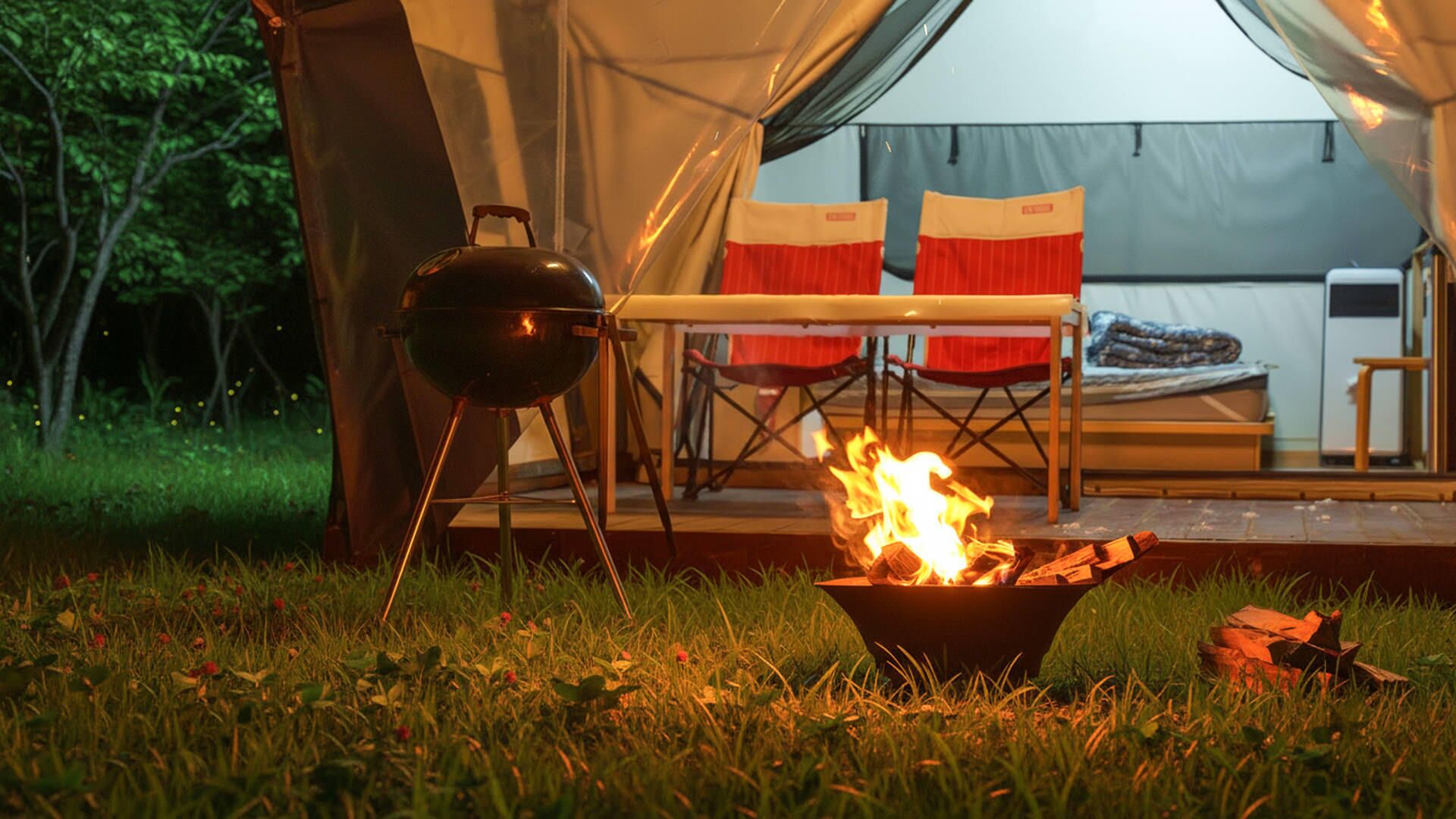 A tent with a grill and a fire pit in front.