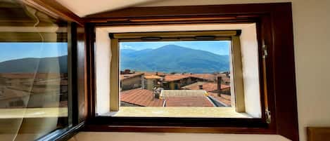 A window with a view of a mountain and buildings.