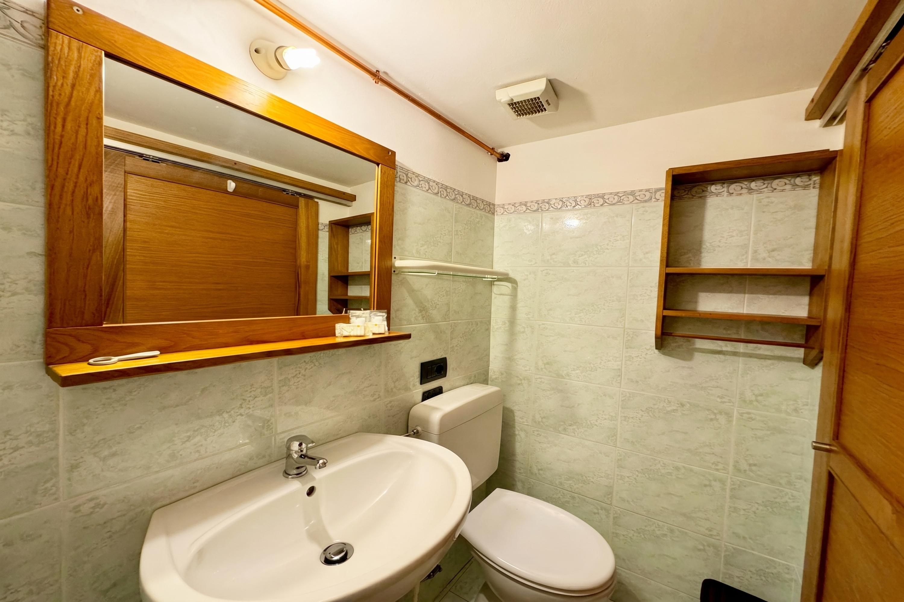Een badkamer met een houten wastafelmeubel, een wastafel, een toilet en een spiegel.