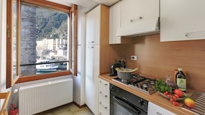 Een keuken met uitzicht op een berg, inclusief een kookplaat, gootsteen en keukenkastjes.