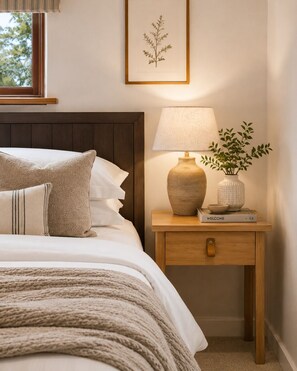A neatly made bed with a headboard, a bedside table with a lamp, a framed botanical print, and a welcome sign.