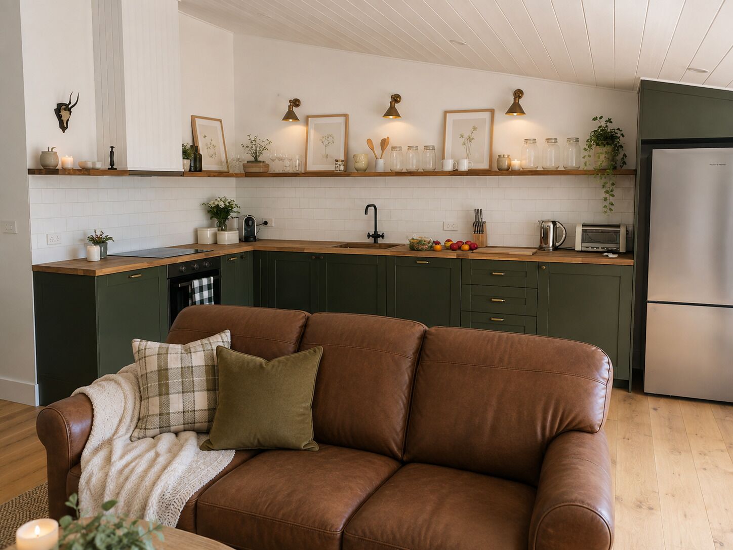 A modern kitchen with dark green cabinets, a brown leather sofa, and a wooden countertop.