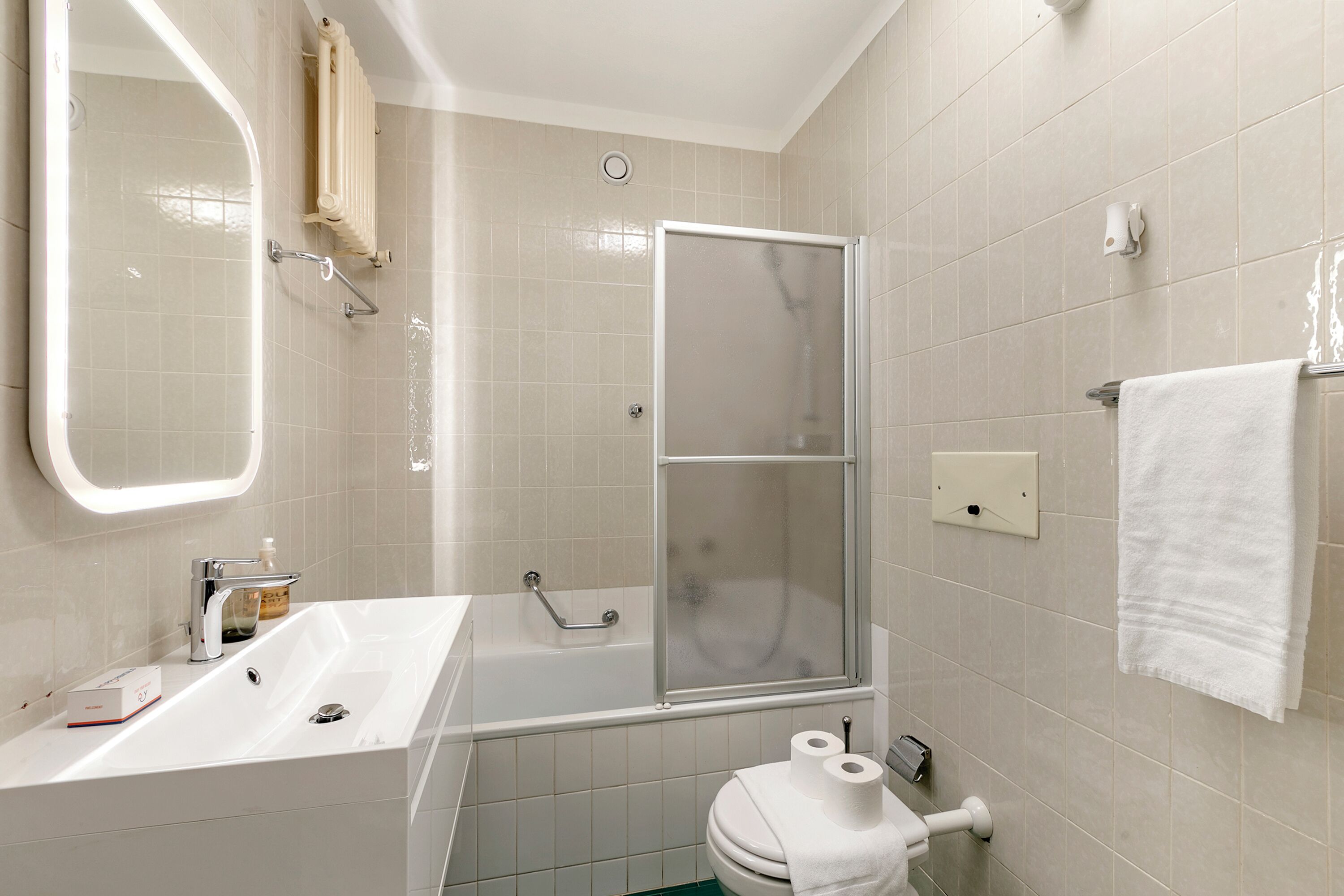 Studio Standar, pemandangan gunung, tepi danau (La Perla Sul Lago) | Kamar mandi | Kombinasi shower/bathtub, pengering rambut, kloset, dan handuk