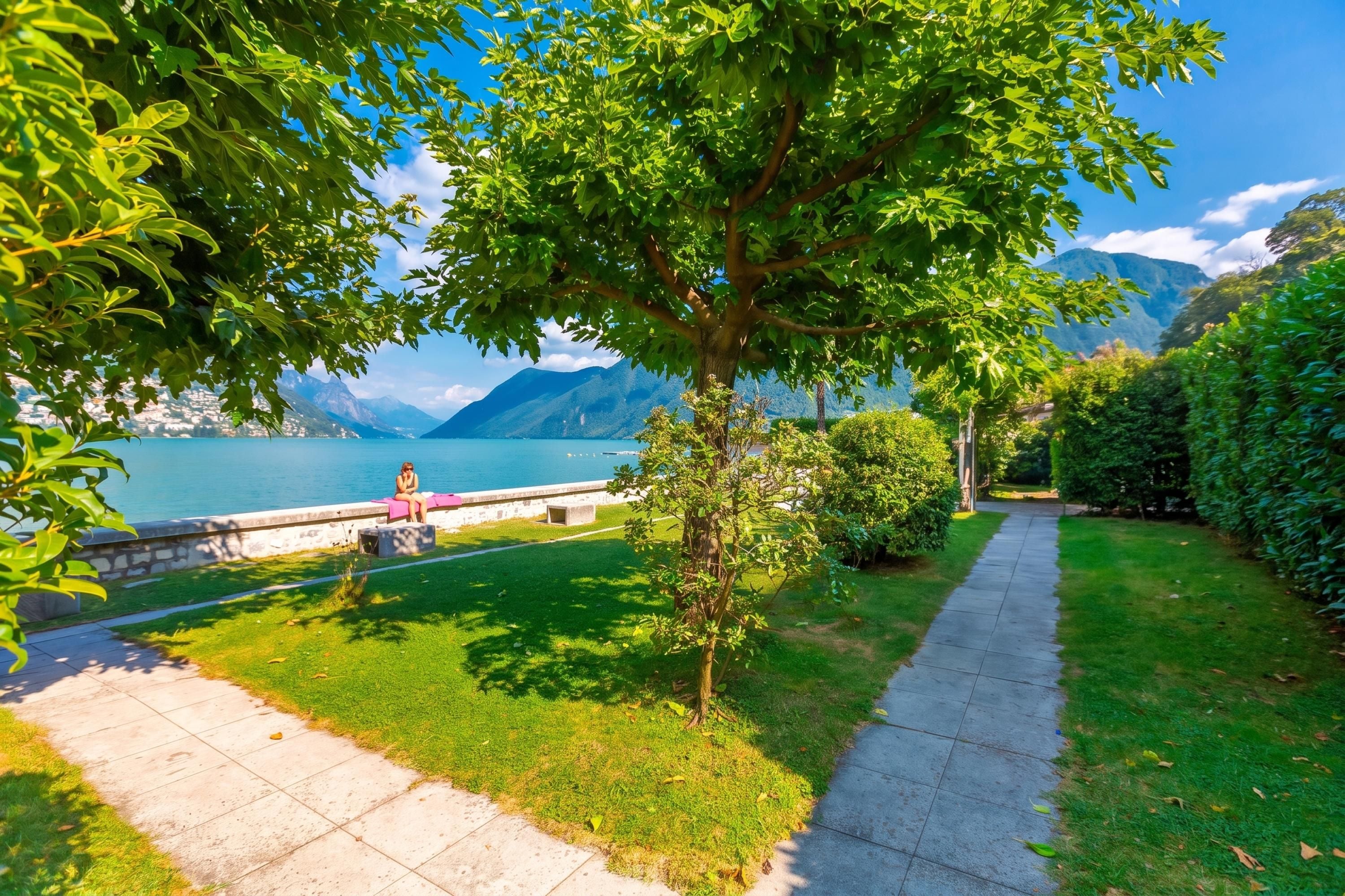 A pathway leading to a lakeside view with a mountain backdrop.