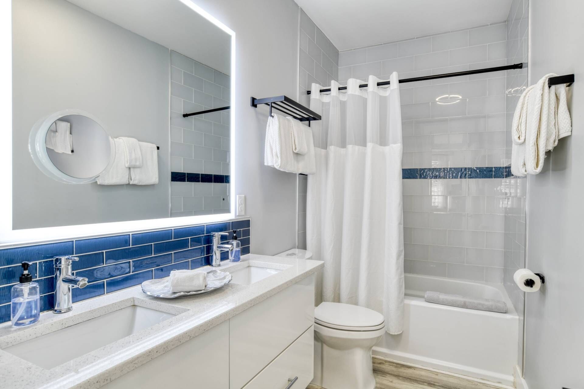 Hair dryer, towels, shampoo