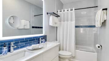 Hair dryer, towels, shampoo