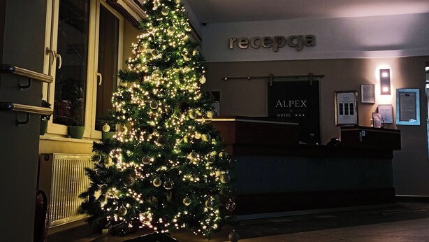 A reception area with a Christmas tree, a reception desk, and a sign that reads "reception". - Hotel Alpex  (Zabrze)