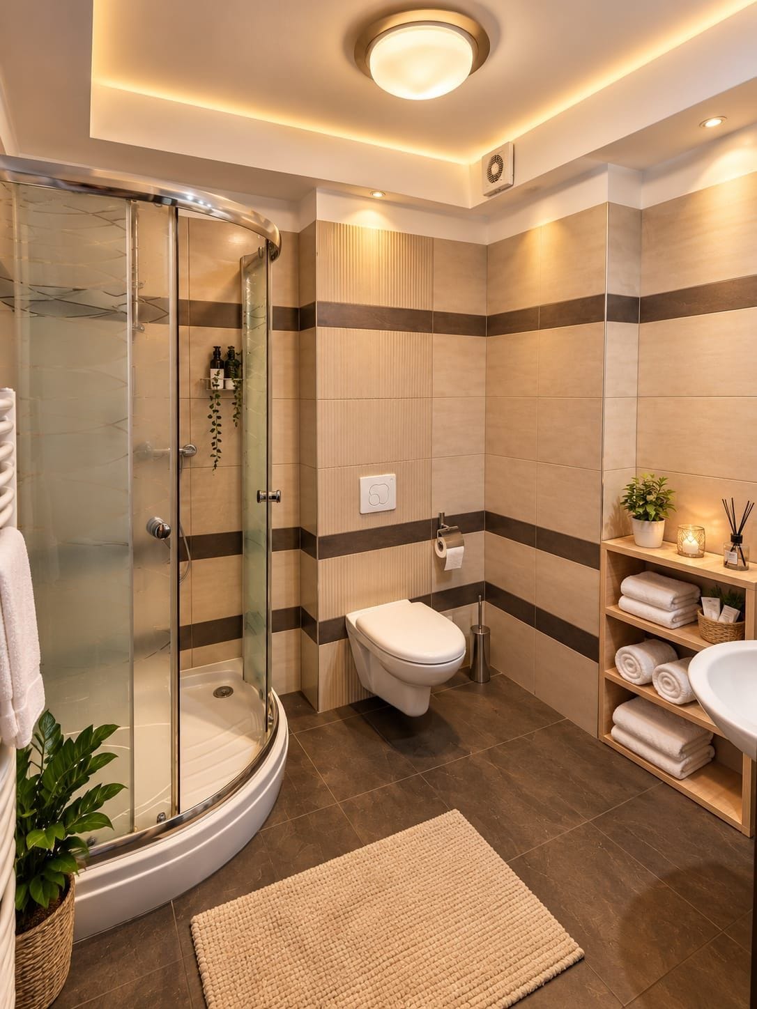Een moderne badkamer met een douchecabine van glas, een toilet, een wastafel en een plank met handdoeken.