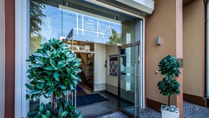 The entrance of Hotel Alpex with a glass door, a staircase leading inside, and potted plants outside. - Hotel Alpex  (Zabrze)