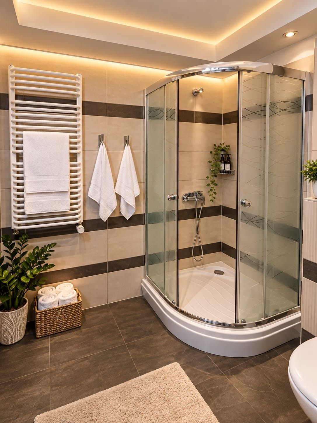 Een moderne badkamer met een douche met glazen wand, een handdoekrek en een plant in pot.