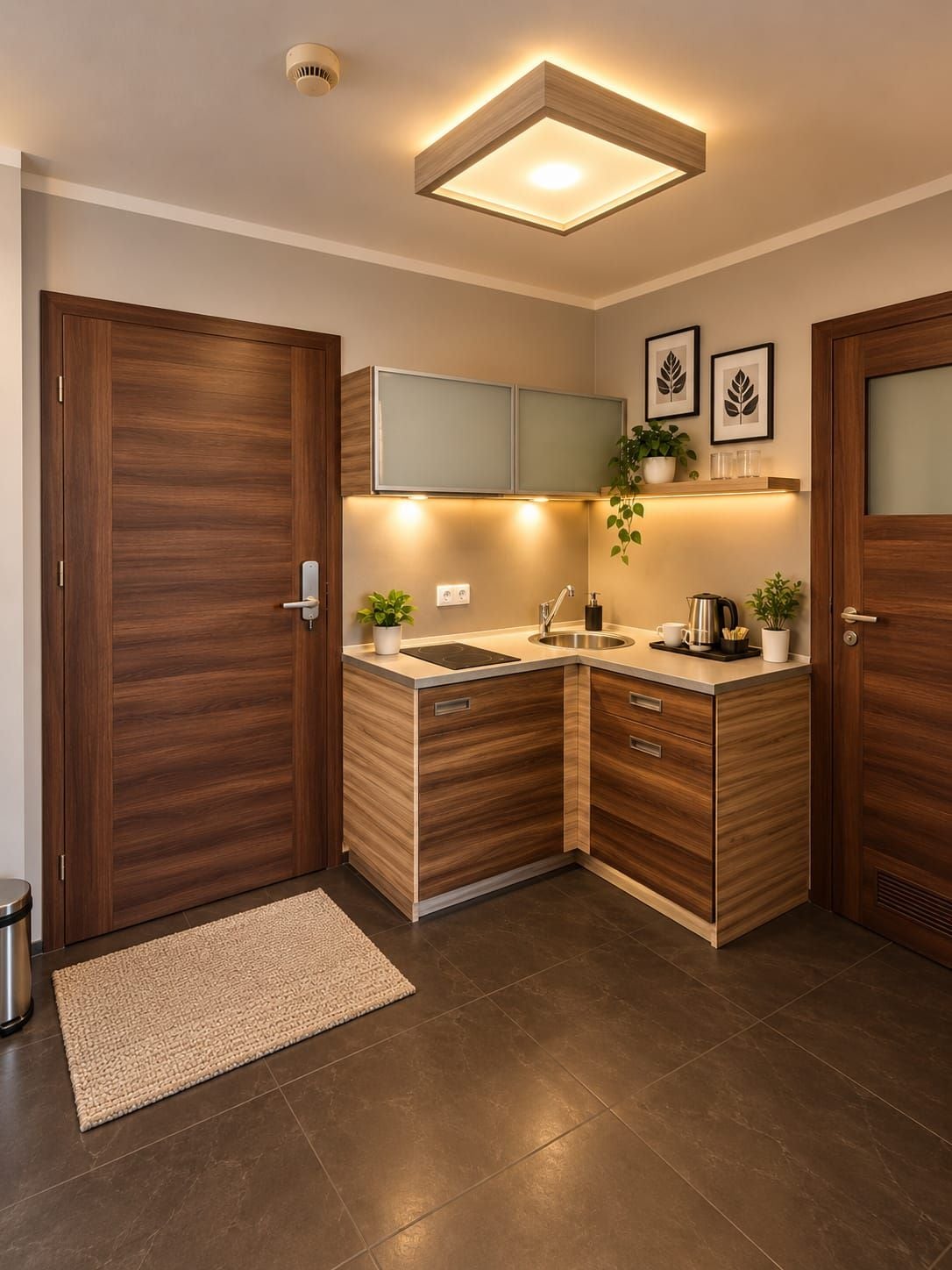 Una cucina moderna con mobili in legno, lavello incassato e piano di lavoro.