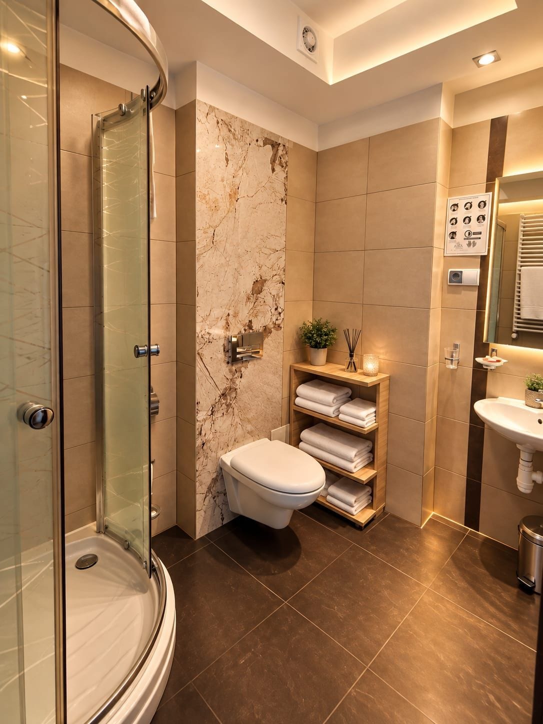 A modern bathroom with a glass-enclosed shower, a marble accent wall, a toilet, a shelf with towels, and a sink with a mirror.