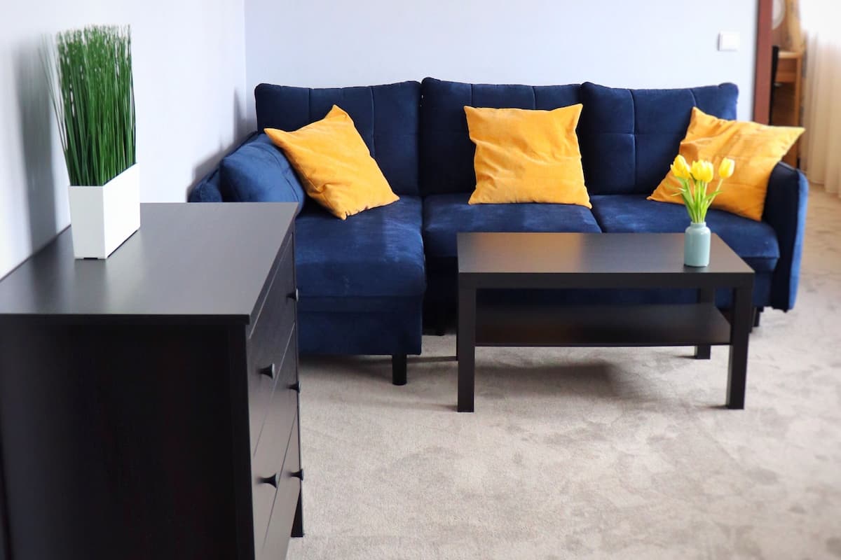 A living room with a dark blue sofa, two yellow cushions, a dark coffee table, and a potted plant.