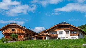 Two wooden houses with balconies, surrounded by green grass and trees, under a clear blue sky.