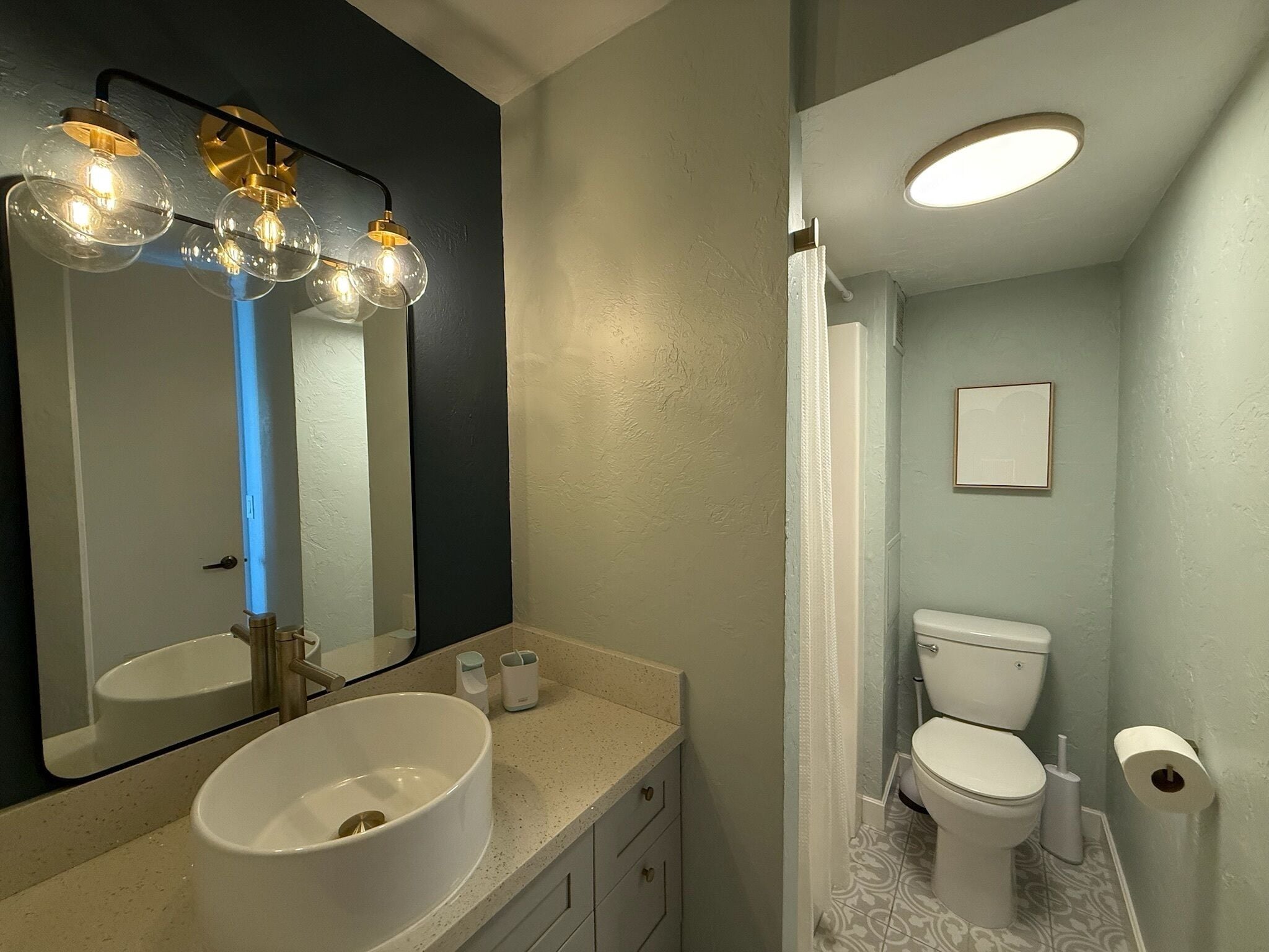 Hair dryer, towels, soap, toilet paper