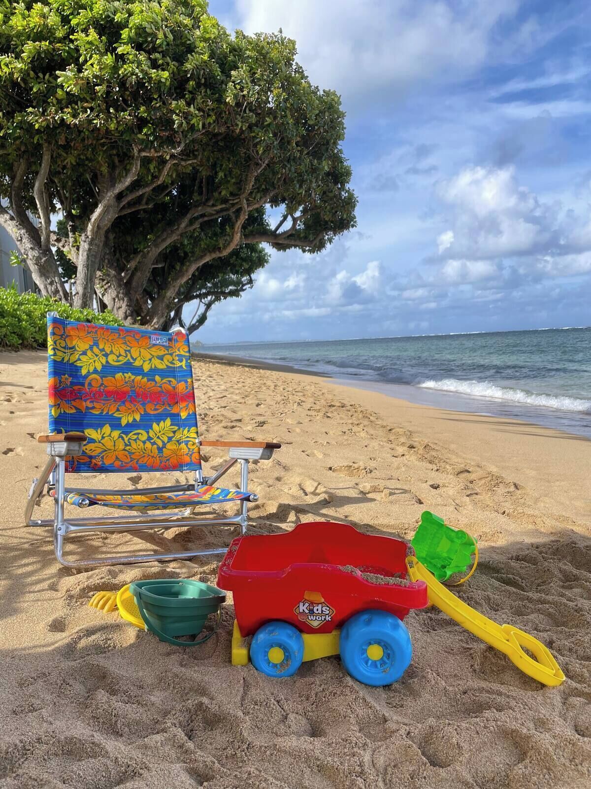 On the beach, sun loungers, beach towels