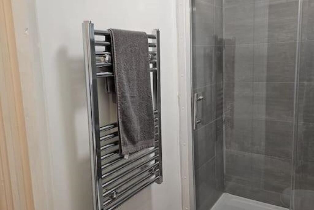 Shower, towels, soap, toilet paper