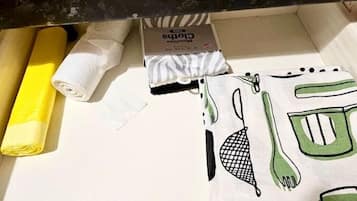 Shower, towels, soap, toilet paper