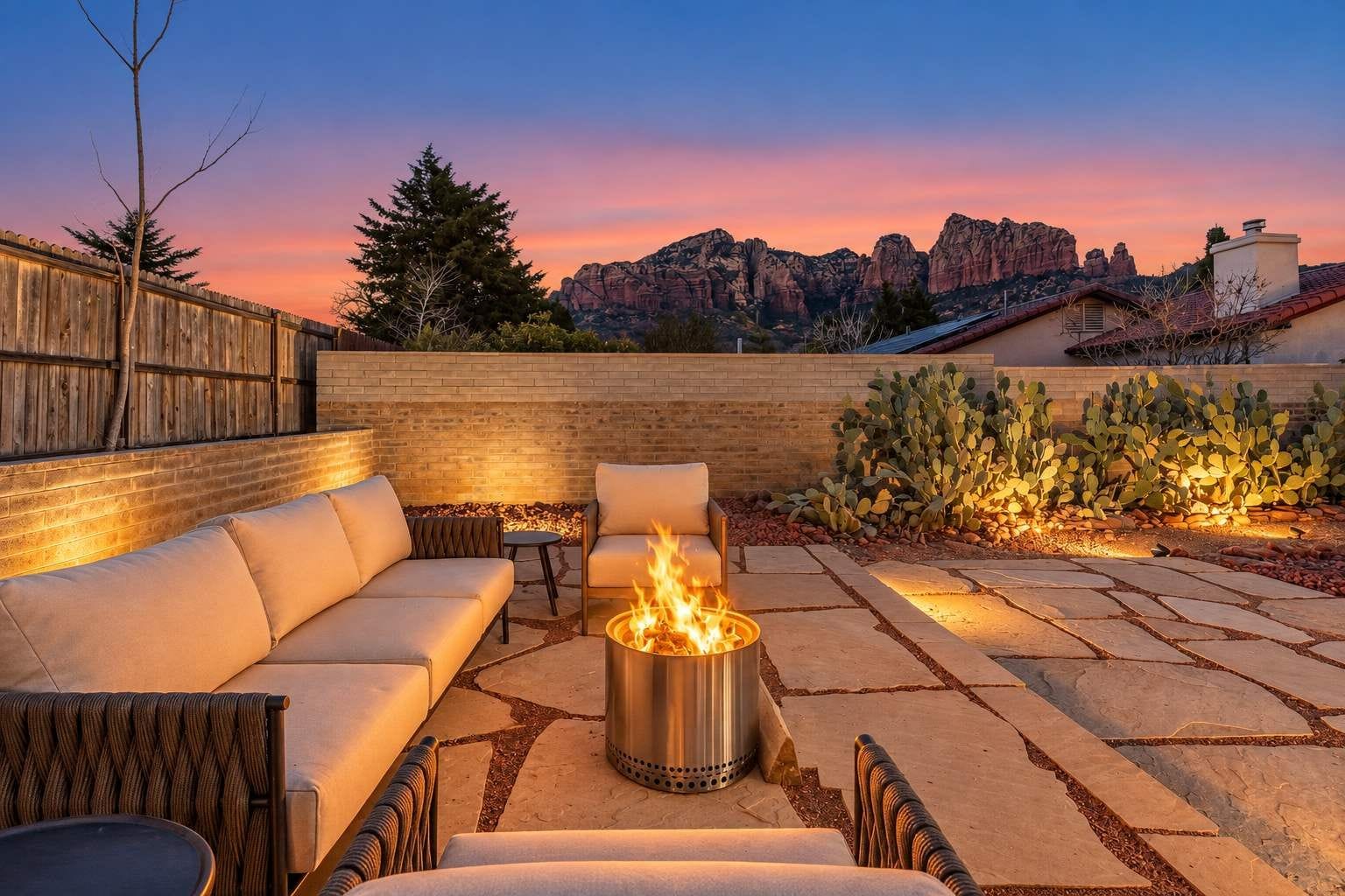 Eine Terrasse im Freien mit Feuerstelle, Sitzgelegenheit und Blick auf eine Berglandschaft.