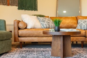 TV, fireplace, books, offices