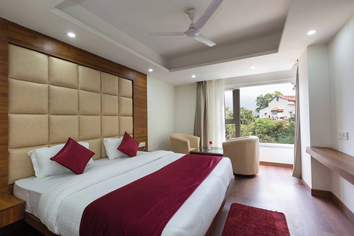 A modern hotel room with a large bed, a ceiling fan, and a view of the outdoors.