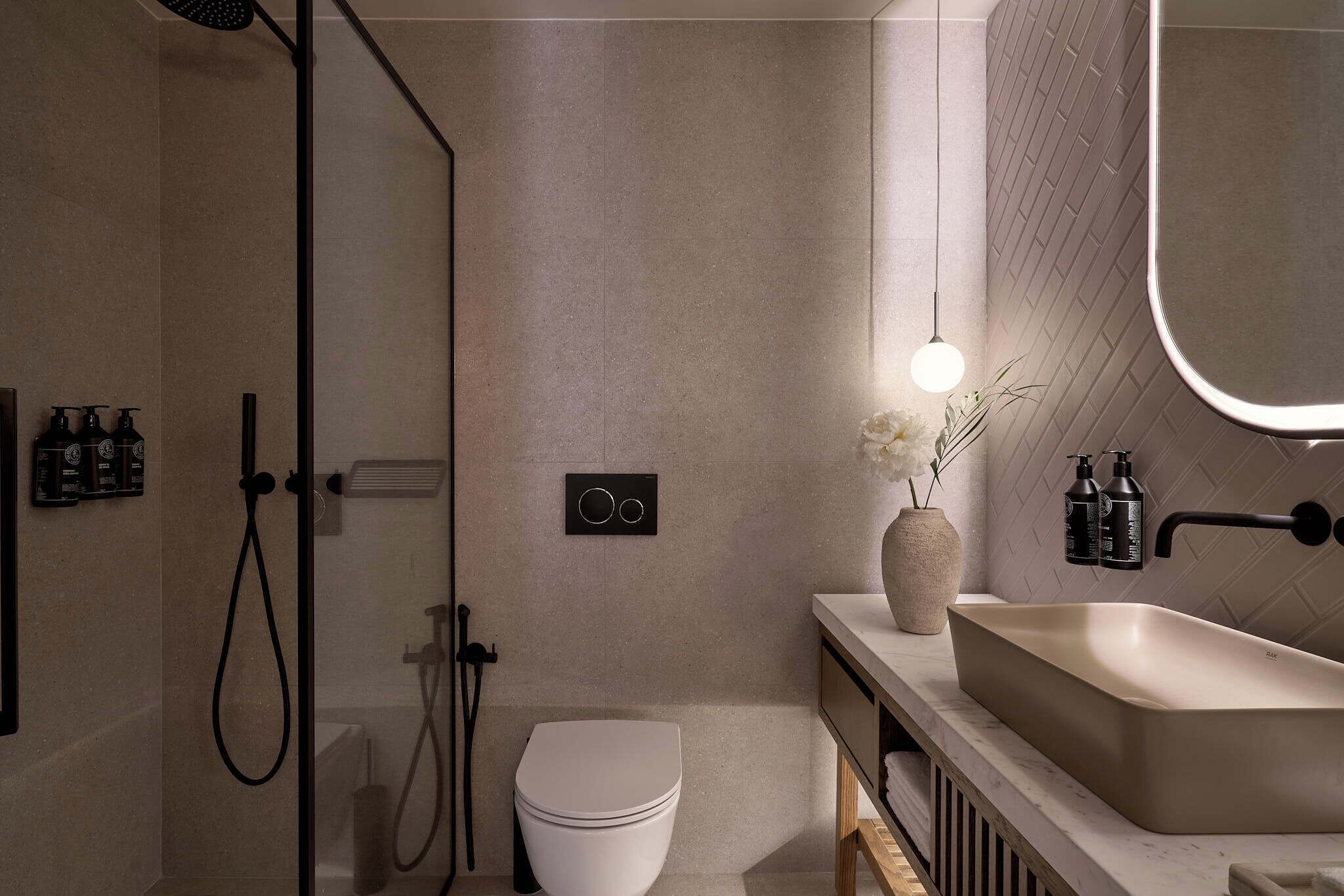 A modern bathroom with a walk-in shower, a toilet, a sink, and a mirror.